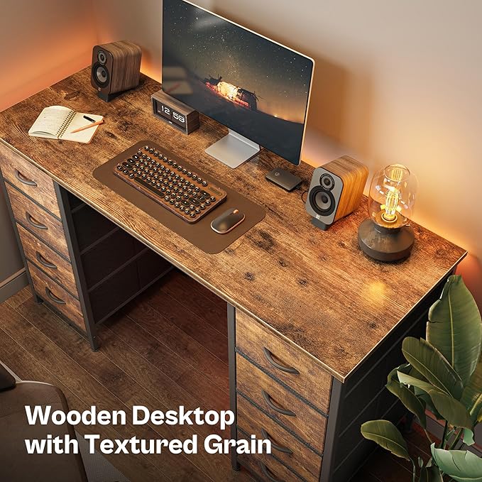 Huuger 47 Inch Computer Desk with 8 Fabric Drawers, Office Desk Work Desk for Home Office, Study, Gaming Desk with Drawers, Large Storage, Rustic Brown