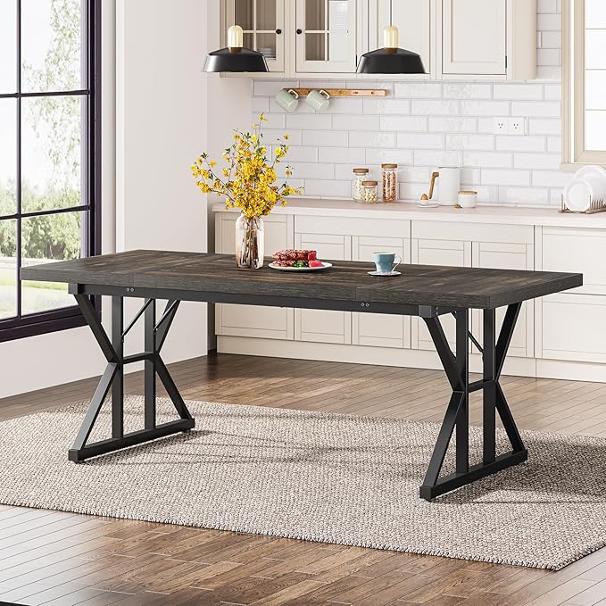 Tribesigns Farmhouse Dining Table for 6 People, 70.8-Inch Rectangular Wood Dining Table, Rustic Kitchen Table with Heavy Duty Metal Legs for Dining Room (Black, 70.8 Inch)