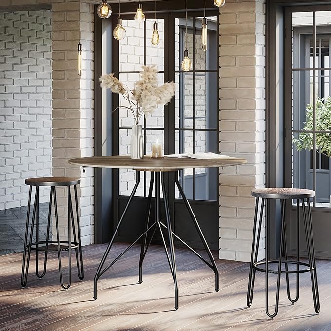 Lavish Home Set of 2 Counter-Height Bar Stools - 29.5" Round Wood Barstools with Hairpin Legs for Kitchen or Dining Room - Modern Farmhouse Furniture
