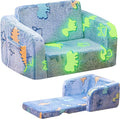 Lamerge 2-in-1 Soft Toddler Couch Fold Out,Foldable Toddler Chair, Glow in The Dark Kids Sofa for playroom,Convertible Foam and Floor Cushion for Boys and Girls (Blue and Dinosaur)