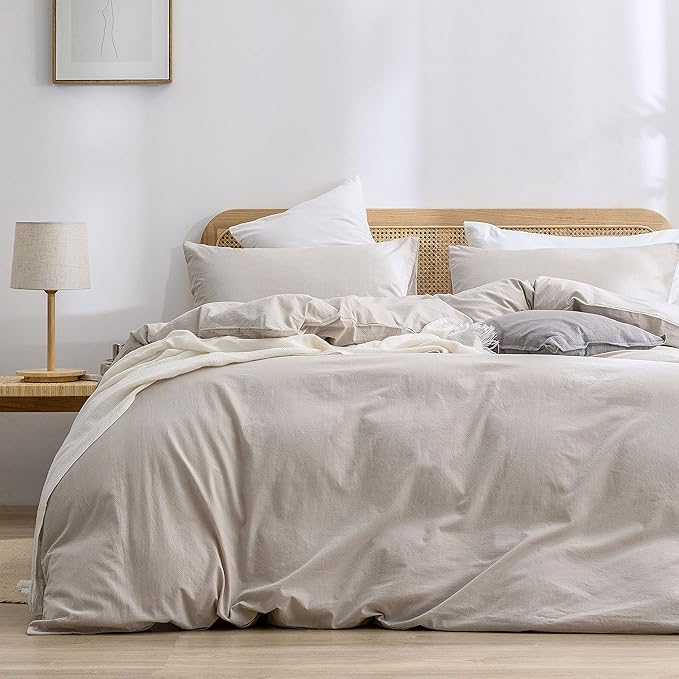 BESTOUCH Duvet Cover Set 100% Washed Cotton Linen Feel Super Soft Comfortable Chic Lightweight 2 PCs Home Bedding Set Solid Linen Grey Twin/Twin XL