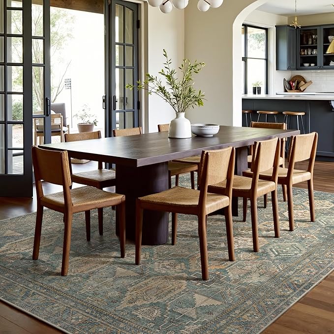 GENIMO 5x7 Area Rugs for Living Room, Machine Washable Non Slip Vintage Rugs, Low Pile Lightweight Chenille Print Rug for Bedroom, Dining Room, Home Office, Sage Teal