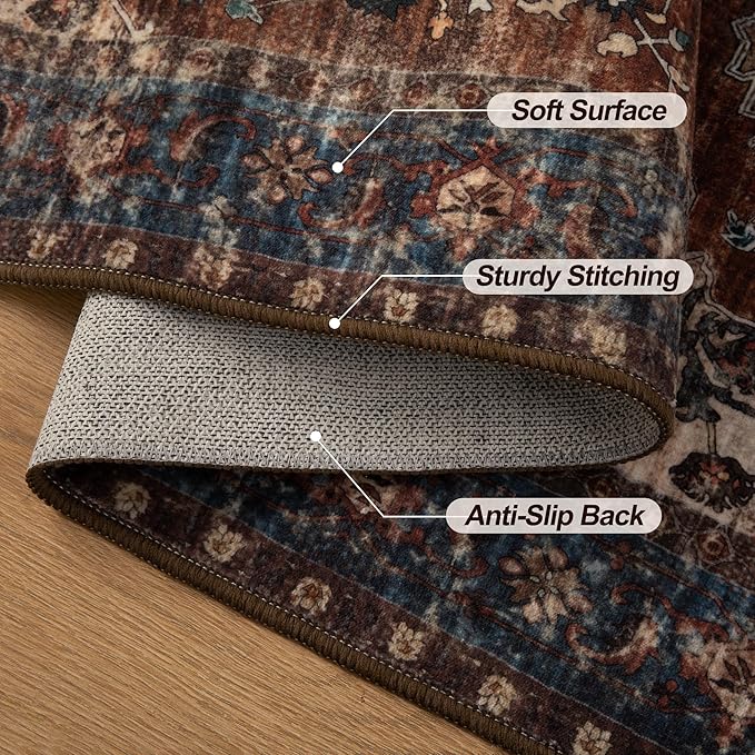 Tangsoo 5x7 Area Rug Washable Rug for Living Room, Vintage Indoor Non Slip Large Area Rugs, Print Distressed Rust Carpet, Soft Low Pile Foldable Floor Rug for Bedroom Dining Room Dorm