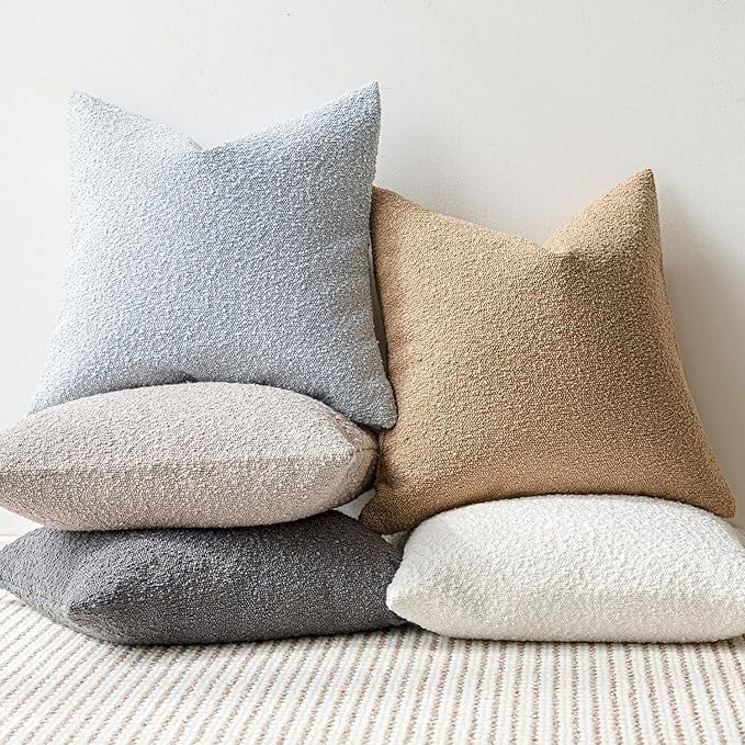 Foindtower Set of 2, Decorative Textured Boucle Throw Pillow Covers Accent Solid Pillow Cases Neutral Soft Cozy Couch Cushion Case for Chair Sofa Bedroom Living Room Home Decor 26 x 26 Inch Light Blue