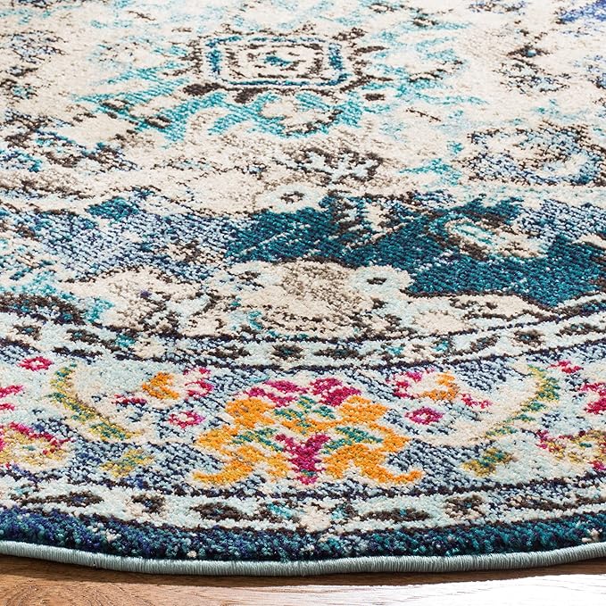 SAFAVIEH Monaco Collection Area Rug - 8' Round, Navy & Light Blue, Boho Chic Medallion Distressed Design, Non-Shedding & Easy Care, Ideal for High Traffic Areas in Living Room, Bedroom (MNC243N)