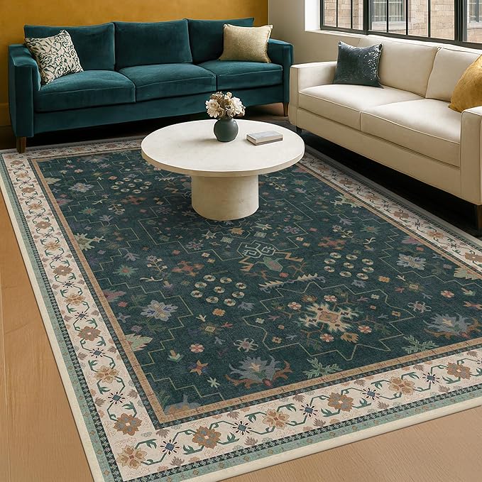 Dark Green Oushak 5x7 Living Room Rug - Modern Vintage Boho Eclectic Floral Pastel, Washable Low Pile Non-Slip Large Area Rugs for Nursery Dining Under Table Bedroom Lounge