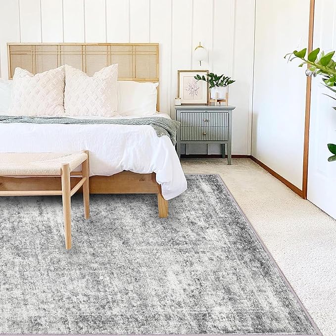 Area Rug 4x6 Washable Rug Gray Vintage Traditional Floor Cover Foldable Thin Retro Accent Indoor Distressed Non Slip Carpet Floral Print Mat Bedroom Living Room Bathroom