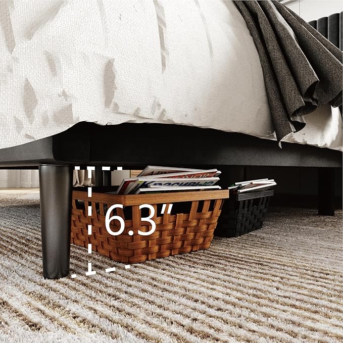 King Size Bed Frame with Velvet Upholstered Headboard, Platform Bed with Strong Wood Slats, Mattress Foundation, Box Spring Optional, Easy Assembly, Black
