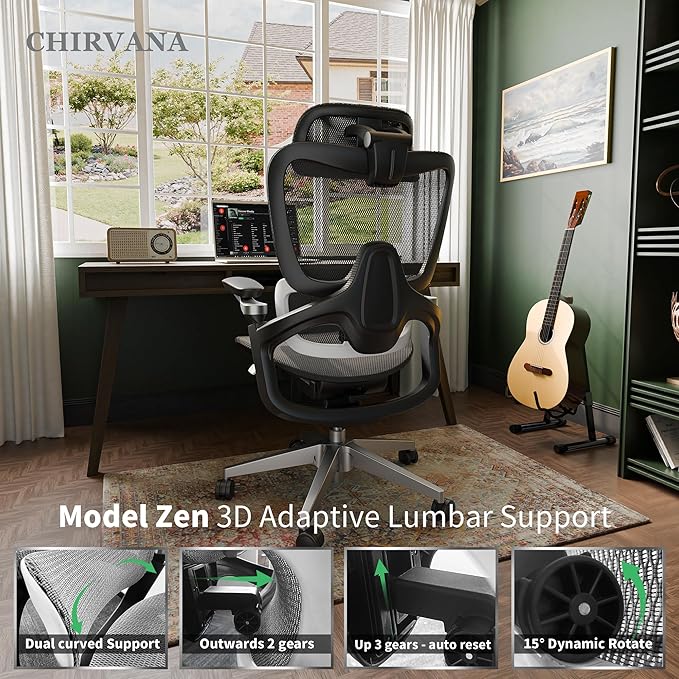 Ergonomic Office Chair, Big and Tall Mesh Home Office Desk Chair with Adjustable Lumbar Support, Gaming Chair with Headrest, 5D Armrest,90-130°Tilt, BIFMA Certified, Model Zen (Grey)