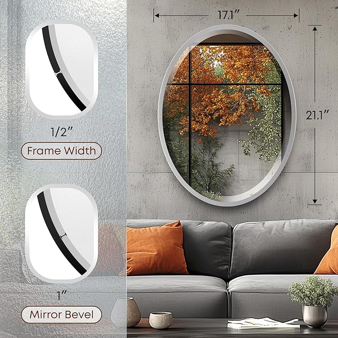 OVALCREST - Oval Wooden Beveled Wall Mirror for Home Decor, Bathroom, Vanity, Bedroom, Living Room, Hallway - London Style (Silver Spray) 17.1 x 21.1