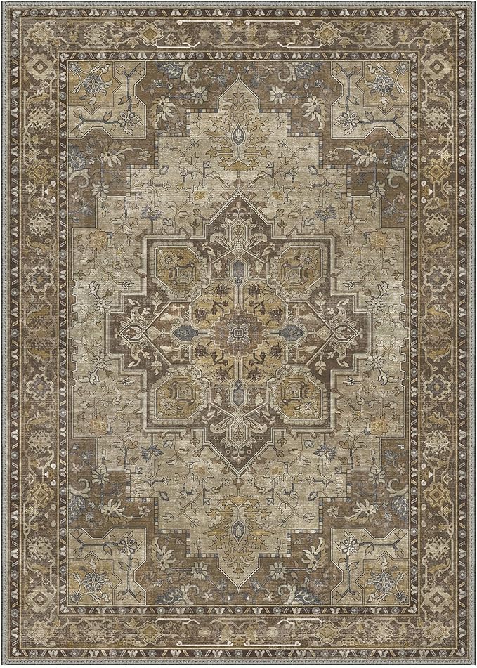 GENIMO 10x14 Area Rugs for Living Room, Machine Washable Non Slip Vintage Rugs, Low Pile Lightweight Chenille Print Rug for Bedroom, Dining Room, Home Office, Rustic Brown