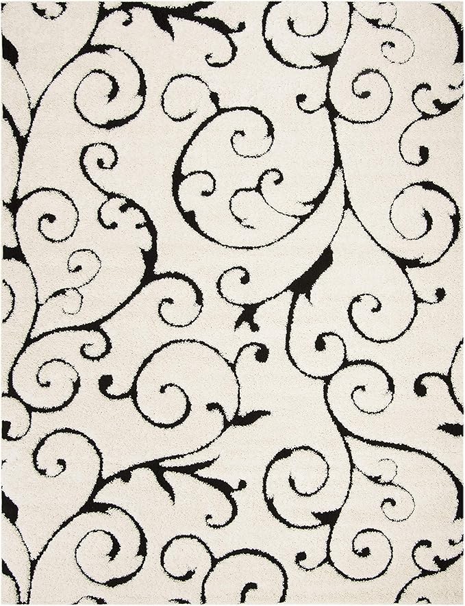 SAFAVIEH Florida Shag Collection Area Rug - 6' x 9', Ivory & Black, Scroll Design, Non-Shedding & Easy Care, 1.2-inch Thick Ideal for High Traffic Areas in Living Room, Bedroom (SG455-1290)