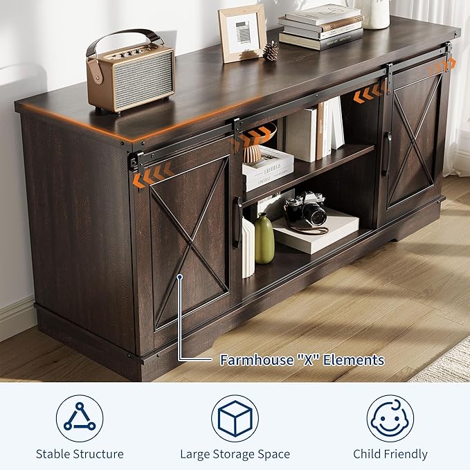 CABIHOME Farmhouse TV Stand and Entertainment Center for Tv up to 65 inches with Sliding Barn Doors and Adjustable Shelf, TV Media Storage Console Table for Living Room, Brown
