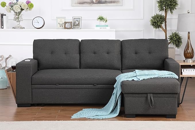 Devion Furniture Philly 4-in-1 Convertible L Shaped Couch with Pull Out Bed and Storage, Sectional Sleeper Sofa with Reversible Chaise for Living Room, Apartment, Bedroom, Office