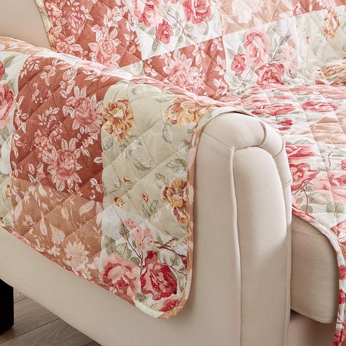 Great Bay Home Reversible Floral Patchwork Furniture Protector Scalloped Edge Stain Resistant Printed Furniture Protector Maribel Collection (Chair, Burgundy/Taupe)