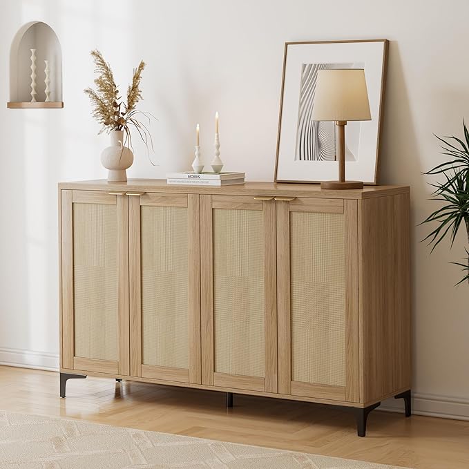 Sideboard Buffet Cabinet with Storage, 4 Doors Rattan Kitchen Cabinet with Adjustable Shelf, Accent Sideboard Entryway Console Table for Living Room, Natural
