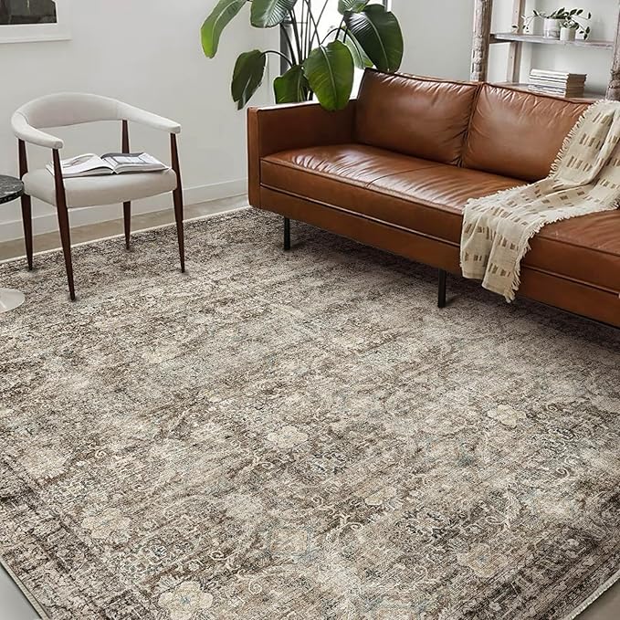 Washable Area Rug 8'x10' Retro Boho Design Non-Shedding Non-Slip Easy Care Ideal for High Traffic Areas in Living Room Bedroom Office Coffee Table Kitchen Large Carpet