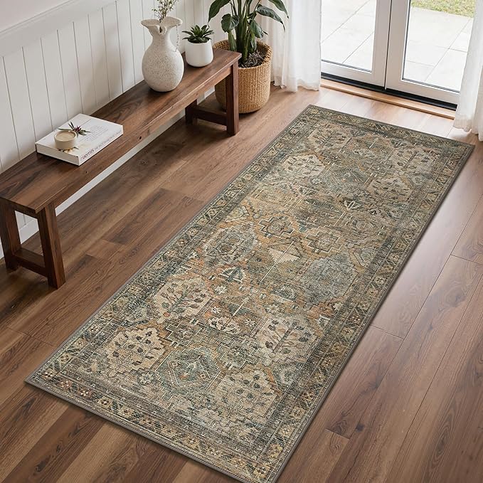 GENIMO 2x8 Runner Rugs for Hallway, Machine Washable Non Slip Vintage Rugs, Low Pile Lightweight Soft Print Rug for enrtyway, Corridor, Home Office, Kitchen, Warm Taupe
