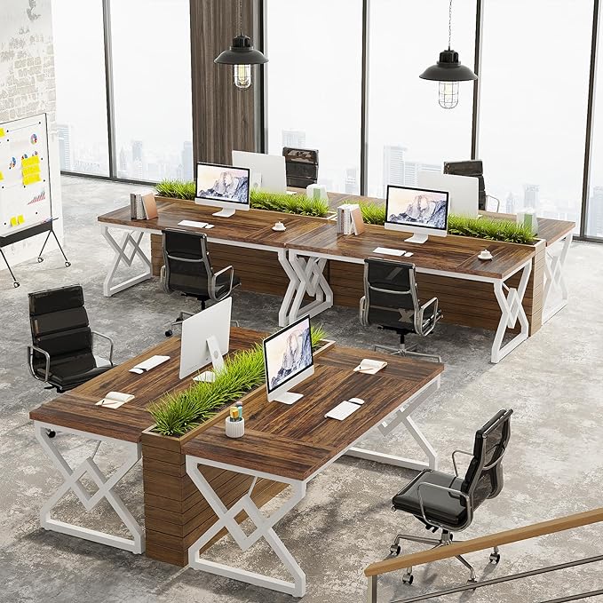 Tribesigns 63 Inch Executive Desk, Large Office Desk with Metal Frame, Ergonomic Writing Desk Computer Workstation, Modern Wood Computer Desk for Home Office, Easy Assembly (Brown+White)