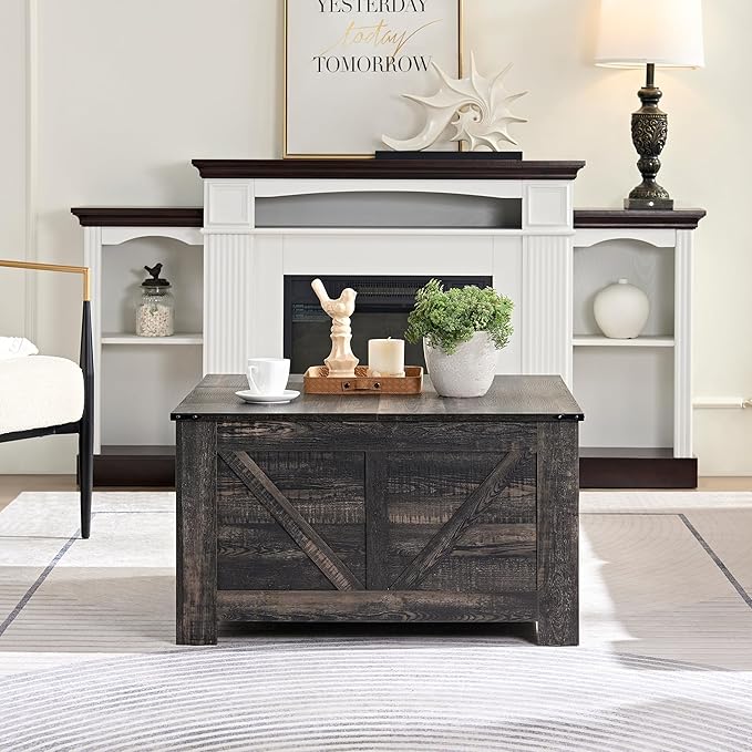 Farmhouse Coffee Table for Living Room, Wood Square Coffee Tables, 31.5" D x 31.5" W, Dark Rustic Oak