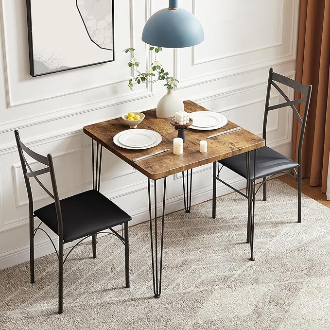 VECELO 3-Piece Dining Room Kitchen Table and Pu Cushion Chair Sets for Small Space, 2, Classic Brown,Dining Set for 2
