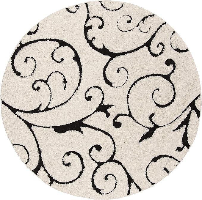 SAFAVIEH Florida Shag Collection Area Rug - 9' Round, Ivory & Black, Scroll Design, Non-Shedding & Easy Care, 1.2-inch Thick Ideal for High Traffic Areas in Living Room, Bedroom (SG455-1290)