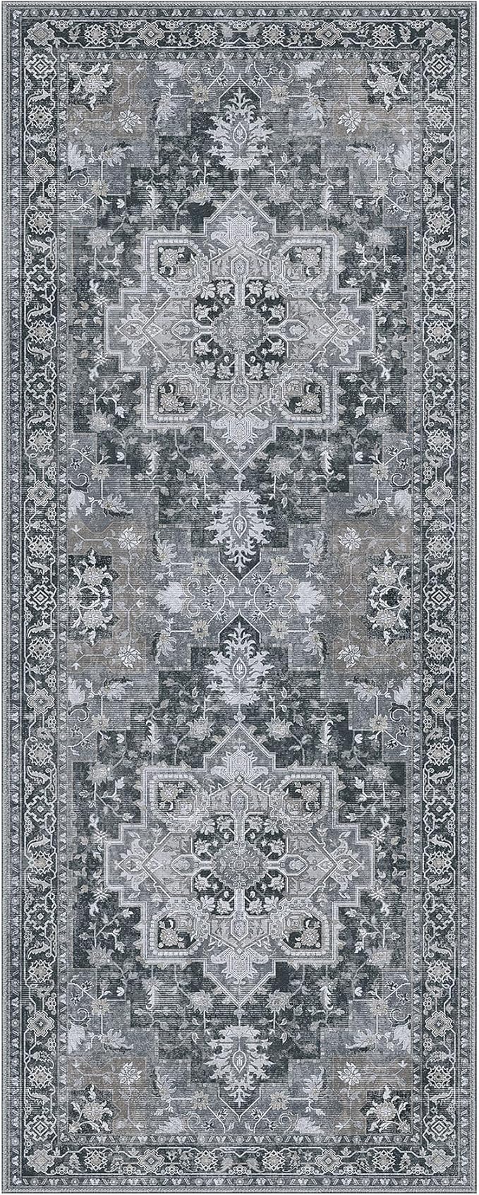 GENIMO 2'6''x10 Runner Rugs for Hallway, Machine Washable Non Slip Vintage Rugs, Low Pile Lightweight Soft Print Rug for enrtyway, Corridor, Home Office, Kitchen,Dark Gray