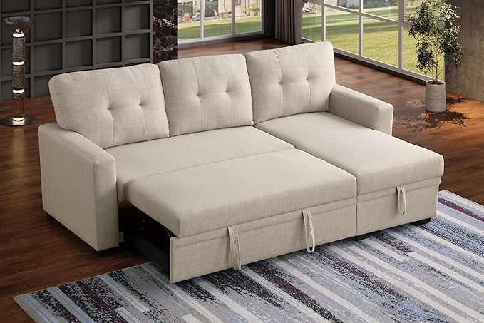 Devion Furniture Philly 4-in-1 Convertible L Shaped Couch with Pull Out Bed and Storage, Sectional Sleeper Sofa with Reversible Chaise for Living Room, Apartment, Bedroom, Office