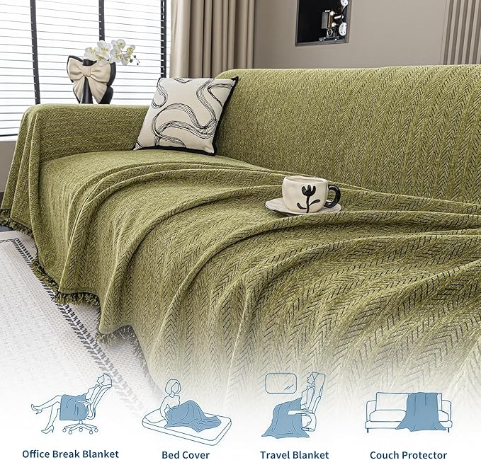 Nobildonna Sofa Cover Washable Soft Thicken Chenille Couch Cover with Tassel,Waterproof Sofa Slipcover for 3-4 Cushion Couch,Sectional Sofa,L-Shaped Furniture Protector Pet-Friendly,Green 71"x150"