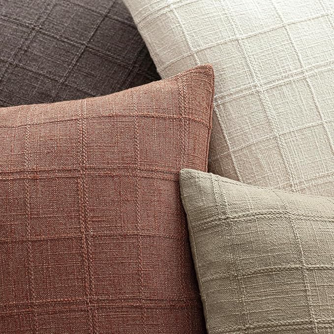 Foindtower Set of 2 Decorative Linen Check Throw Pillow Covers Neutral Farmhouse Vintage Cushion Covers Modern Boho Home Decor for Sofa Chair Couch Bedroom Living Room Outdoor,16×16 Inch,Autumnal Red