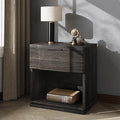 Nightstand with Charging Station, Wooden Curved Night Stand Bedside Table with Storage Shelf & Drawer, Large Mid Century Modern Accent End Table for Bedroom Living Room Office, Black and Gray