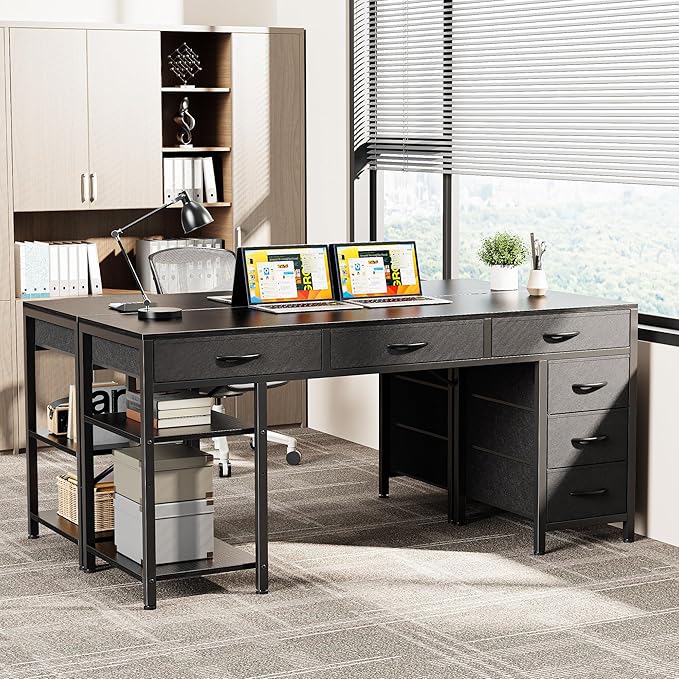 Huuger Computer Desk with 6 Drawers, 54 Inch Office Desk with Shelves, Reversible Gaming Desk, Corner Desk with Storage, Work for Home Office, Study, Living Room, Black