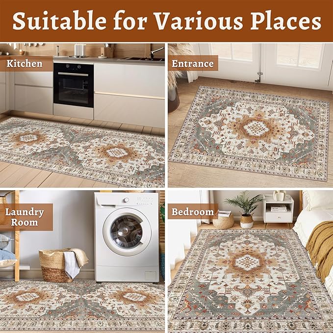 Tangsoo 2x5 Washable Runner Rug for Hallways, Non Slip Vintage Rugs, Soft Low Pile Long Rug Runner, Print Distressed Turmeric Carpet Runners for Kitchen Bedroom Entryway Bathroom Living Room