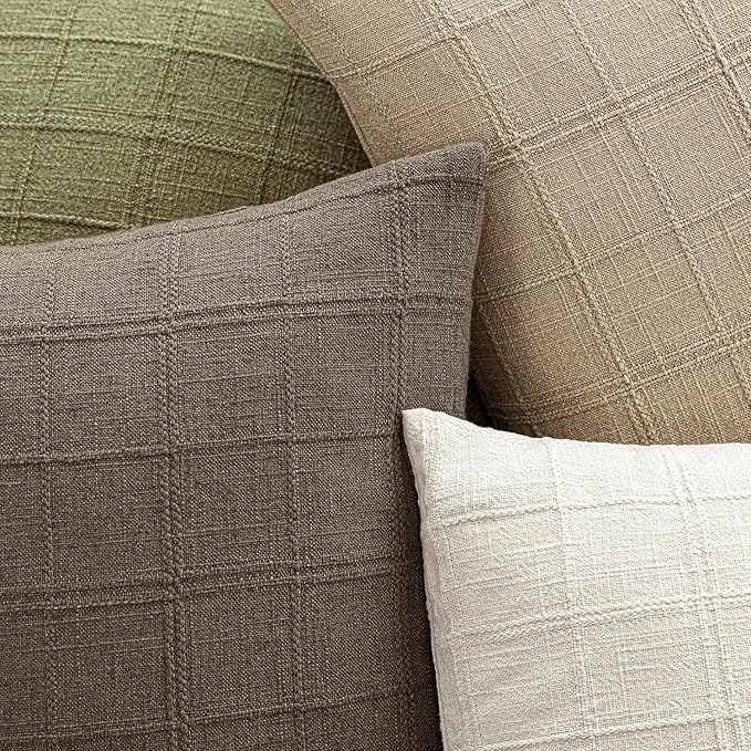 Foindtower Set of 2 Decorative Linen Check Throw Pillow Covers Neutral Farmhouse Vintage Cushion Covers Modern Boho Home Decor for Sofa Chair Couch Bedroom Living Room Outdoor,24×24 Inch,Taupe Grey