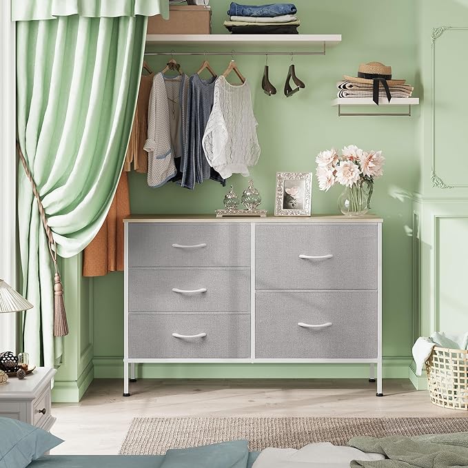 WLIVE Dresser for Bedroom with 5 Drawers, Wide Bedroom Dressers with Drawer Organizers, Chest of Drawers, Fabric Dresser for Living Room, Closet, Hallway, Light Grey