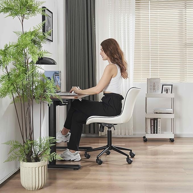 YOUNIKE Home Office Desk Chair with Wheels Armless Vanity Chair with Back Comfy Modern Leather Upholstered Rolling Task Chair Swivel Small Cute Computer Chair No Arms Wide Adjustable Ergonomic White