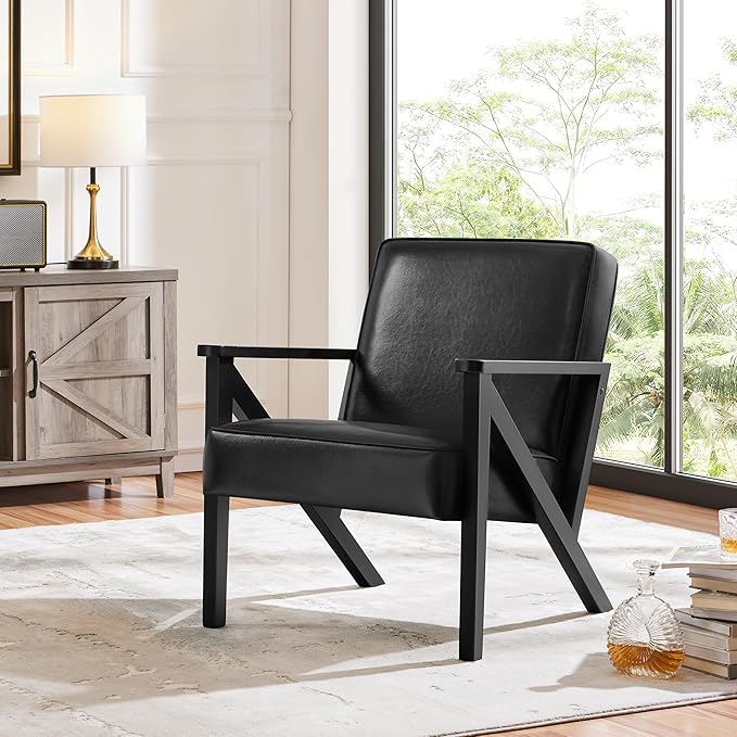 Yaheetech Accent Chair, Armchair with Strong Wood Frame, PU Leather Modern Retro Lounge Chair for Living Room/Lounge/Office/Reception Area, Black