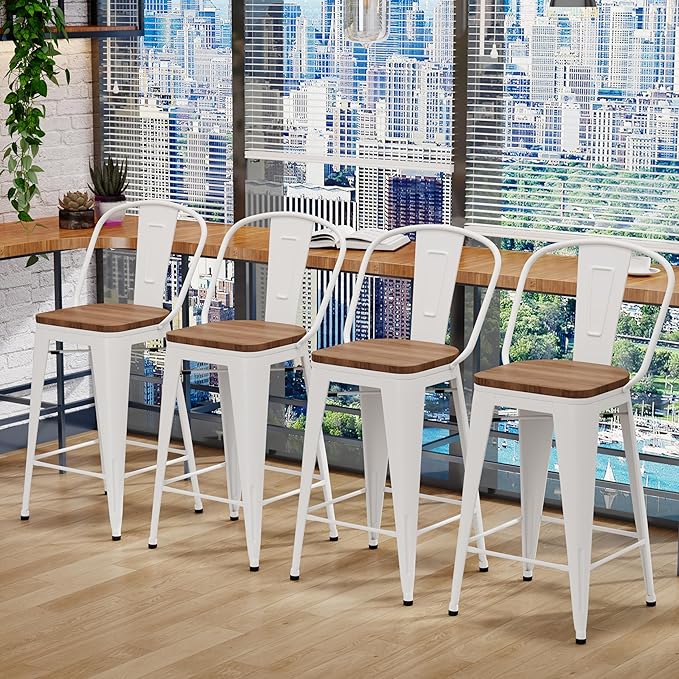 Changjie Furniture 24 Inches Metal Barstools Set of 4 Counter Height Bar Stools Industrial Stools with Backs High Back Chairs for Kitchen Island (24 Inch, White)