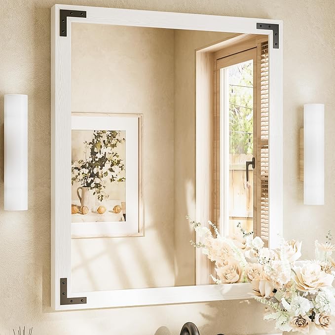 TETOTE 30 x 36 White Wooden Mirror for Bathroom Wall/Bedroom/Living Room/Entryway Farmhouse Rustic Bathroom Vanity Mirror Waterproof (Horizontal/Vertical Mounted)