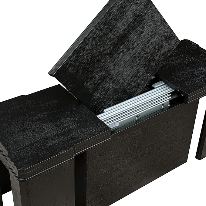 X02SI-2C6-48 - 6-pc Dining Table Set a Rectangular Dining Table with a coffee Table and 2 wooden Benches, 2 coffee Linen Fabric Chairs, 39x120 Inch, Wire Brushed Black
