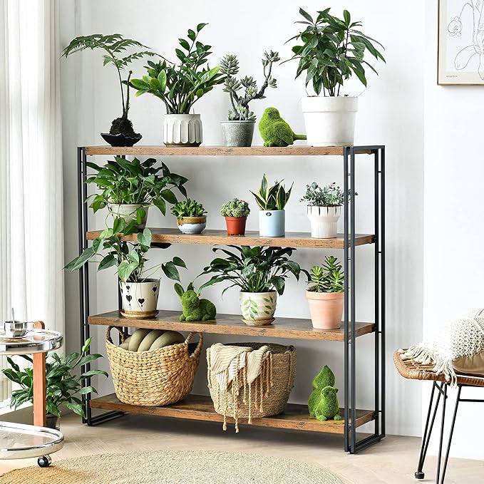 HCHQHS Bookshelf,4-Tier Industrial Bookcase,Rustic Wood and Metal Open Display Book Shelves Home Office,Bedroom Standing Shelf Unit,Horizontal Kitchen Shelf Organizer,Bathroom Storage Rack 47in