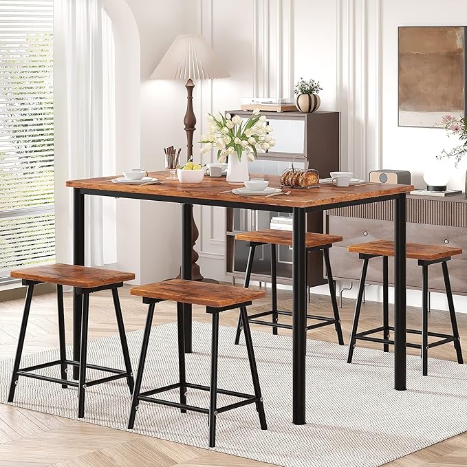 VECELO Kitchen Table and Chairs for 4, Dining Room Set with Chairs/Stools, Heavy-Duty Metal Frame with Wooden Tabletop for Small Spaces, Easy Assembly, Antique Brown