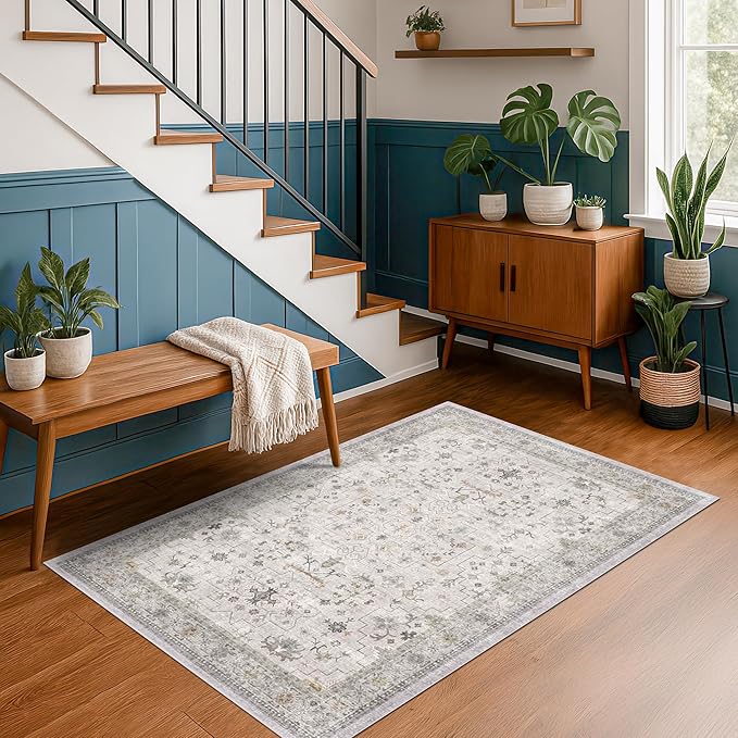 Light Gray Washable Rugs for Living Room - 4x8 Vintage Boho Eclectic Pastel, Washable Low Pile Non Slip Area Rug for Bedroom Beside Bed, Door Mat Indoor Entrance, Kitchen, Home Floor Decor