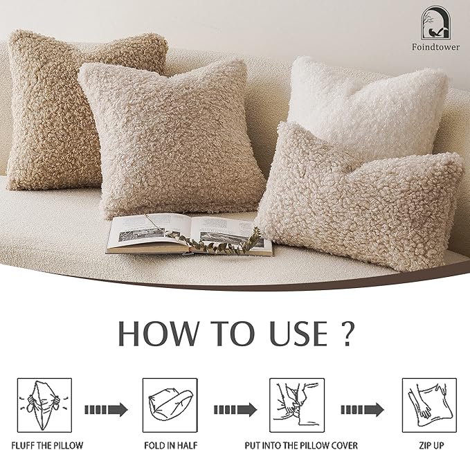 Foindtower Set of 2 Curly Teddy Wool Faux Fur Pillow Covers Decorative Boucle Textured Lumbar Throw Pillow Accent Pillowcases Sheepskin Cushion Case for for Chair and Couch 12"x20" Neutral Cream