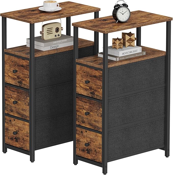 TUTOTAK Narrow Night Stand, Slim End Table, Tall Side Table with 3 Fabric Drawer, Small Bedside Table with Storage, Set of 2, for Living Room, Bedroom, Brown TB01BB072