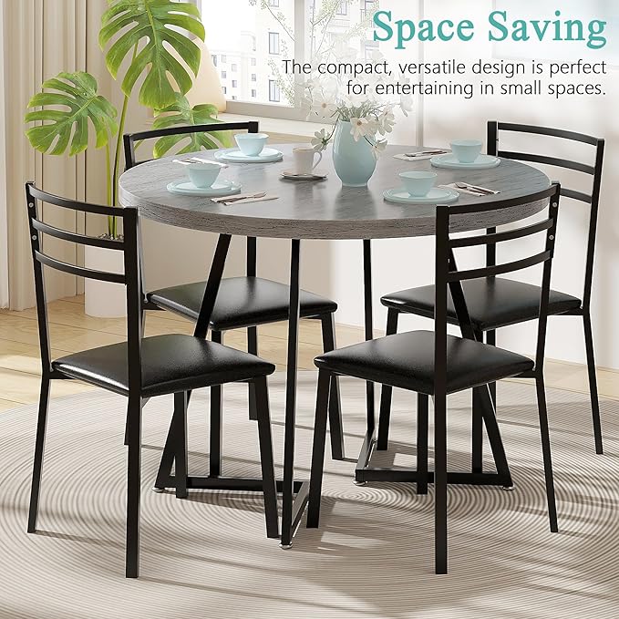 VECELO 35" Round Dining Table for 4, Wood-Grain Tabletop & Heavy-Duty Steel Frame, for Kitchen, Living Room, Easy Assembly, Light Grey