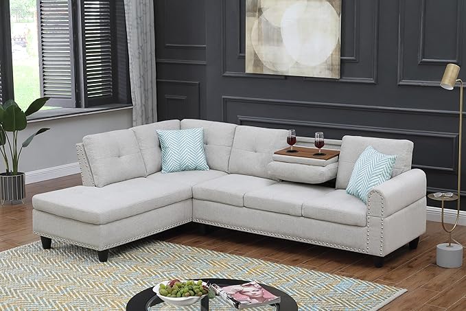 Ball & Cast 98" L Shaped Sectional Couch for Living Room with Chaise & Nailhead Trim,4 Seat Linen Upholstered Modular Sectional Sofa Set 2 PCS W/Cup Holders and 2 Pillows for Home,Office,Light Gray