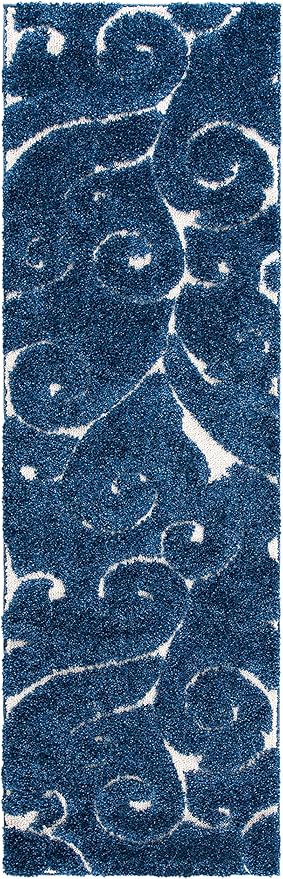 SAFAVIEH Florida Shag Collection Runner Rug - 2'3" x 17', Dark Blue & Cream, Scroll Design, Non-Shedding & Easy Care, 1.2-inch Thick Ideal for High Traffic Areas in Living Room, Bedroom (SG455-6511)