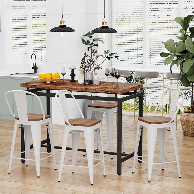 Changjie Furniture 24 Inches Metal Barstools Set of 4 Counter Height Bar Stools Industrial Stools with Backs High Back Chairs for Kitchen Island (24 Inch, White)