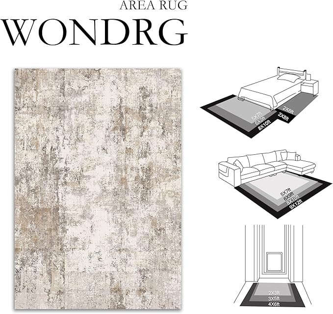 9x12 Washable Area Rug Brown Grey Neutral Abstract Living Room Bedroom Large Throw Rug Non Slip Soft Low Pile Indoor Floor Carpet for Dining Room Kitchen Office Entryway